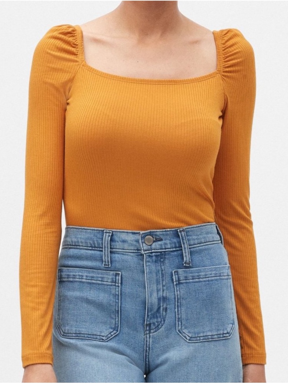 Banana Republic Ribbed Square-Neck Long Sleeve Top in Mustard Yellow Sz. M